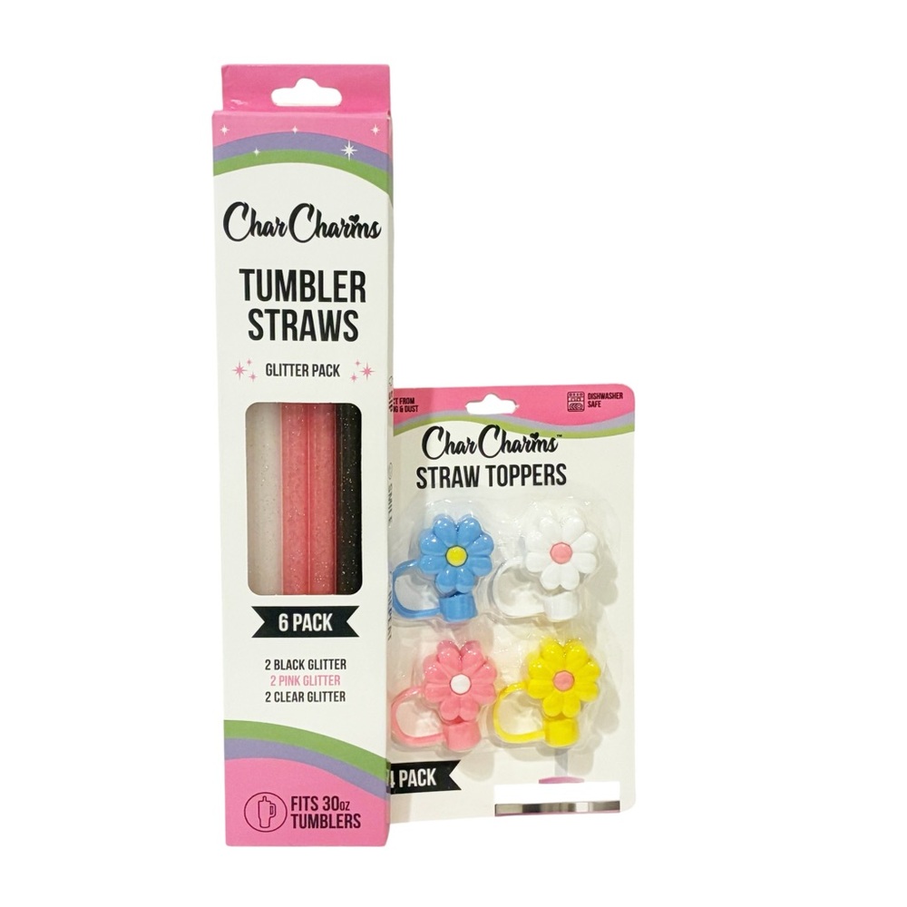 Char Charms Flower Straw Toppers‎ Pack of 4 Glitter Straws Pack of 6 Travel NEW